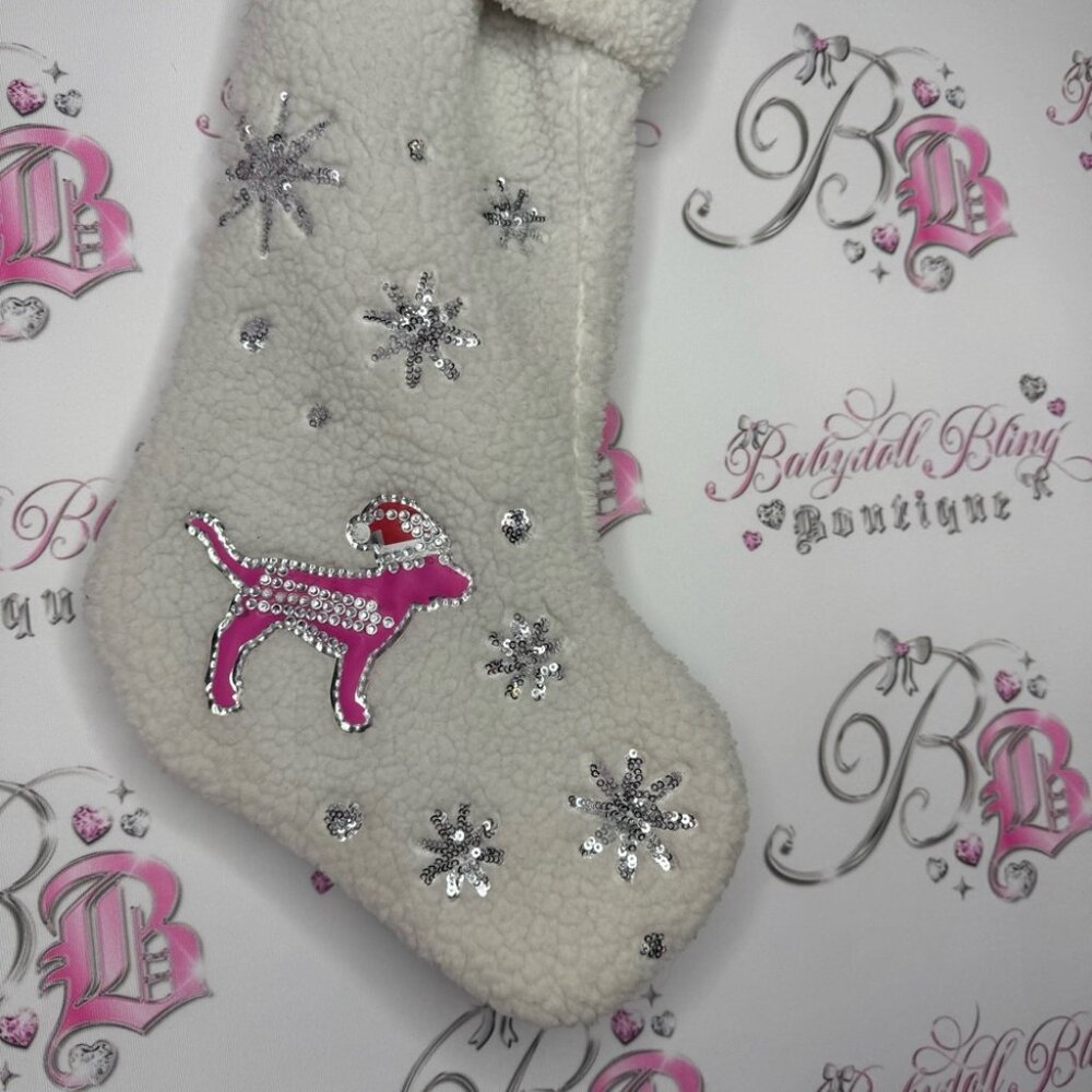Victoria secret pink stocking Christmas Sherpa 2019 bling diamonds dog rare Xmas - Picture 4 of 11